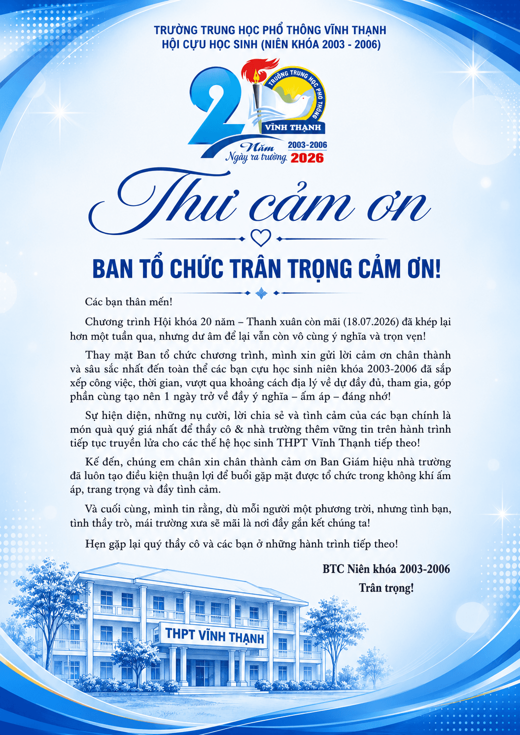 Thư cảm ơn từ Ban Tổ chức hội khóa 20 năm THPT Vĩnh Thạnh niên khóa 2003-2006
